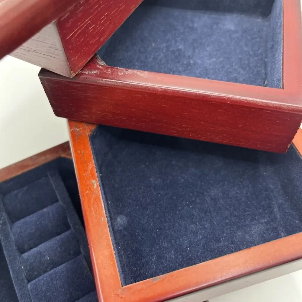 Vintage Swivel Tiered Wooden Jewelry Box Organizer Flex Zorb Anti Tarnish Lining